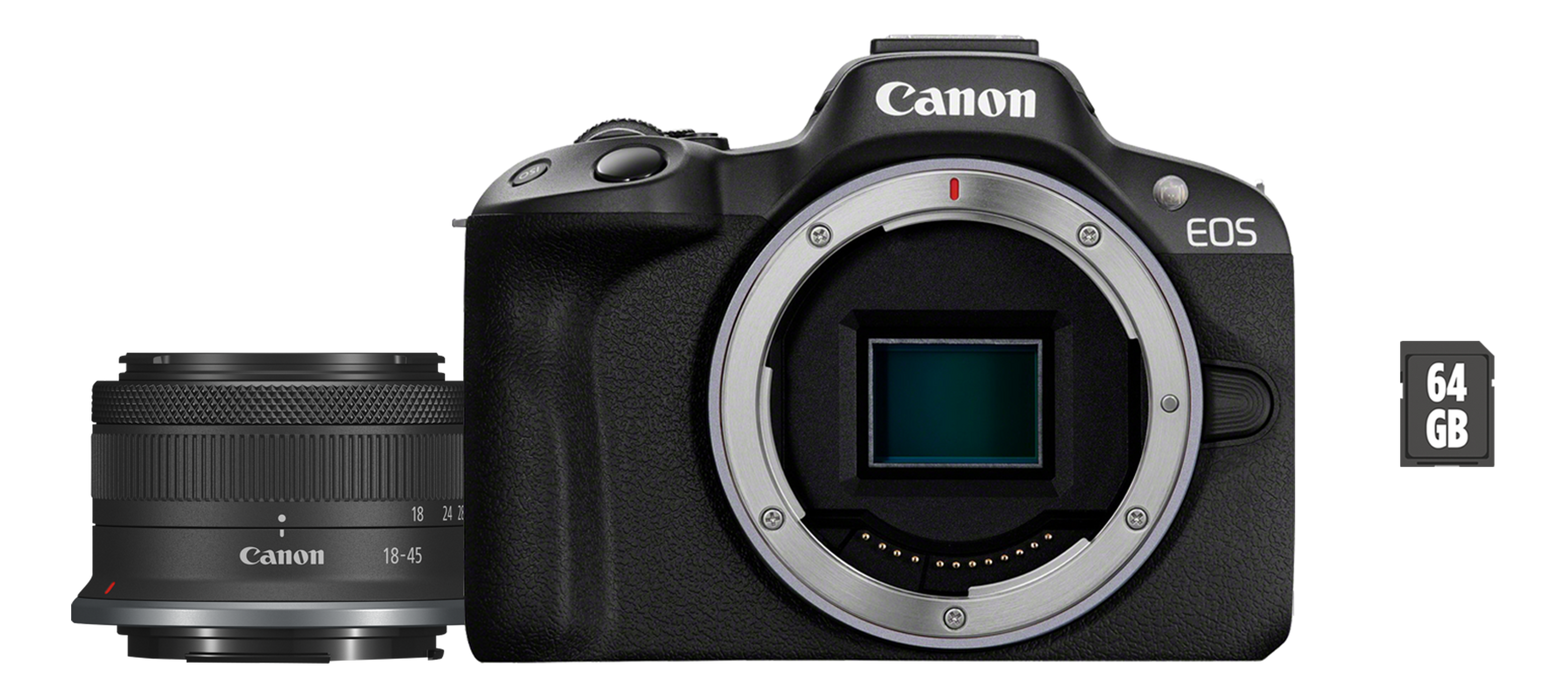Eine schwarze Canon EOS Kamera mit einem Objektiv und einer 64GB Speicherkarte.