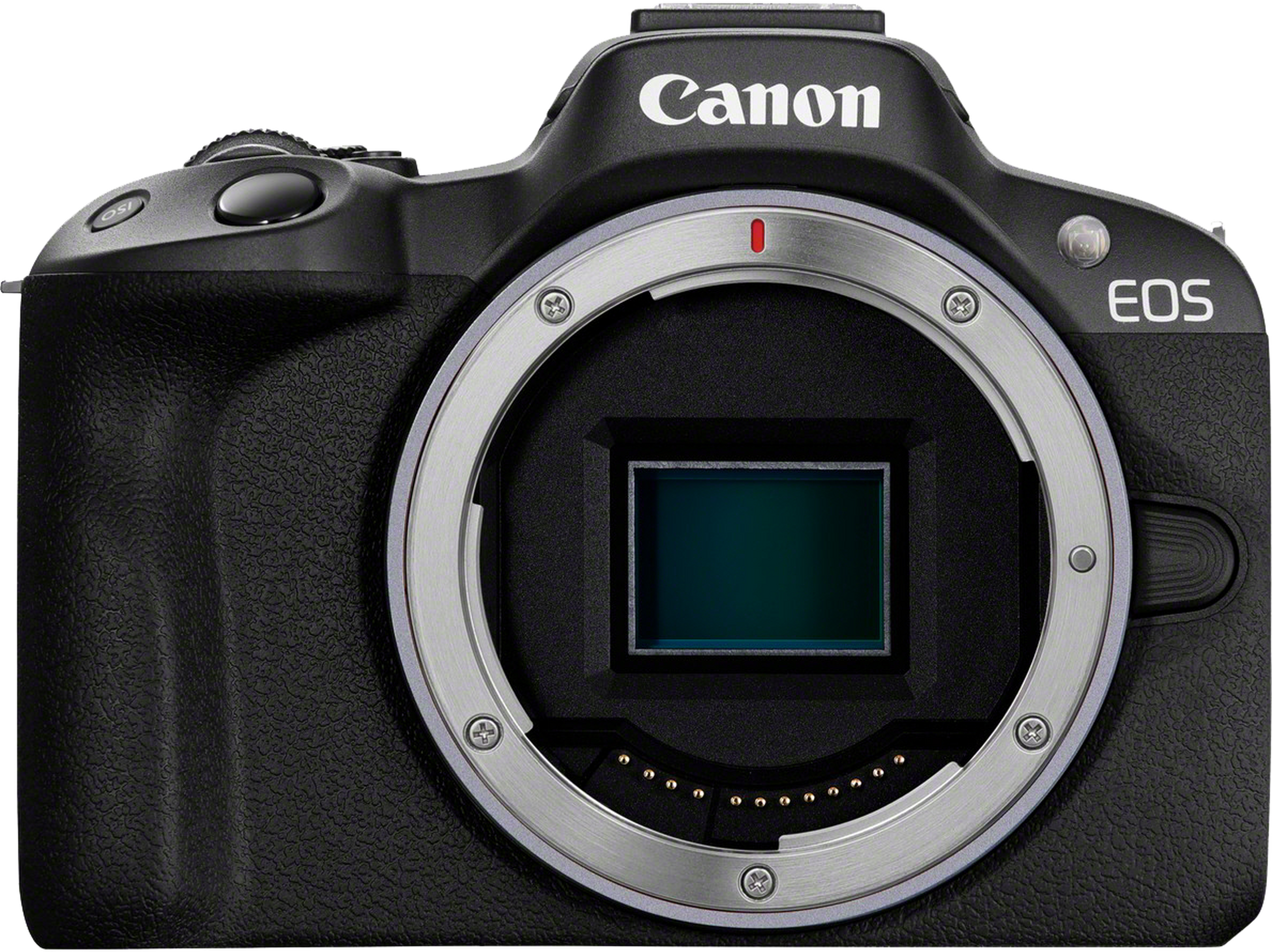 Eine schwarze Canon EOS Kamera mit silbernem Objektivanschluss und Sensor.