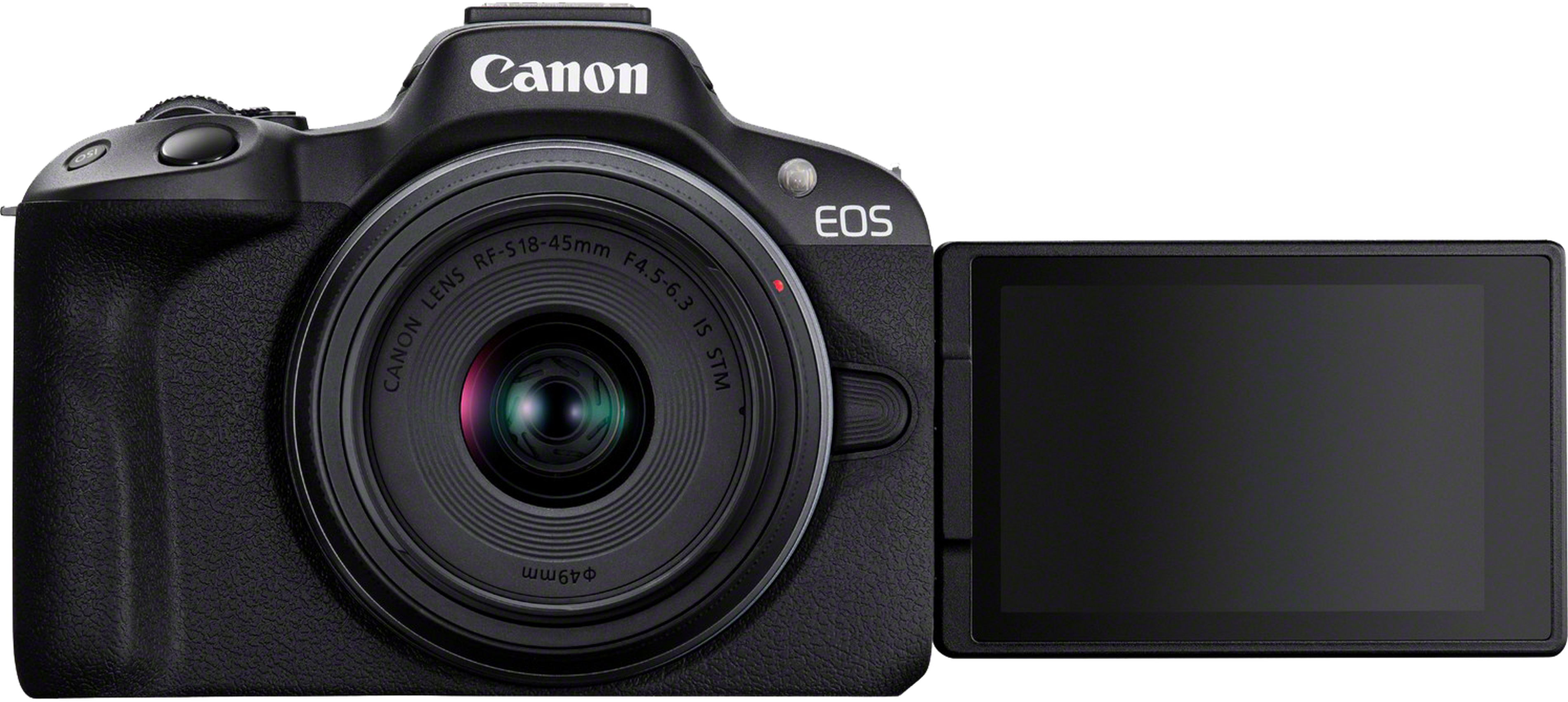 Schwarze Canon EOS Kamera mit Objektiv RF-S18-45mm und ausklappbarem Bildschirm.