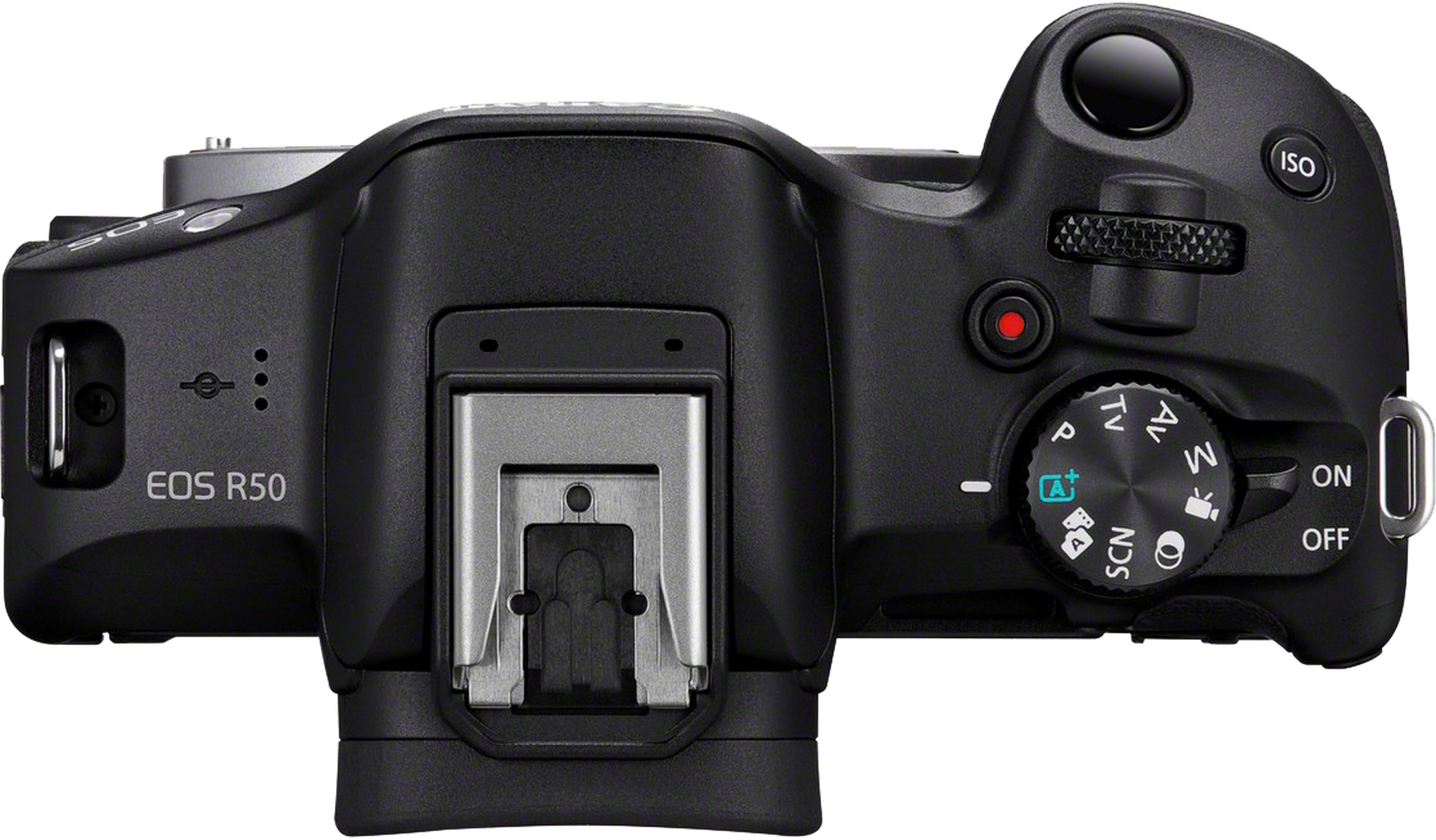 Oberansicht einer schwarzen Canon EOS R50 Kamera mit Drehreglern und Tasten.