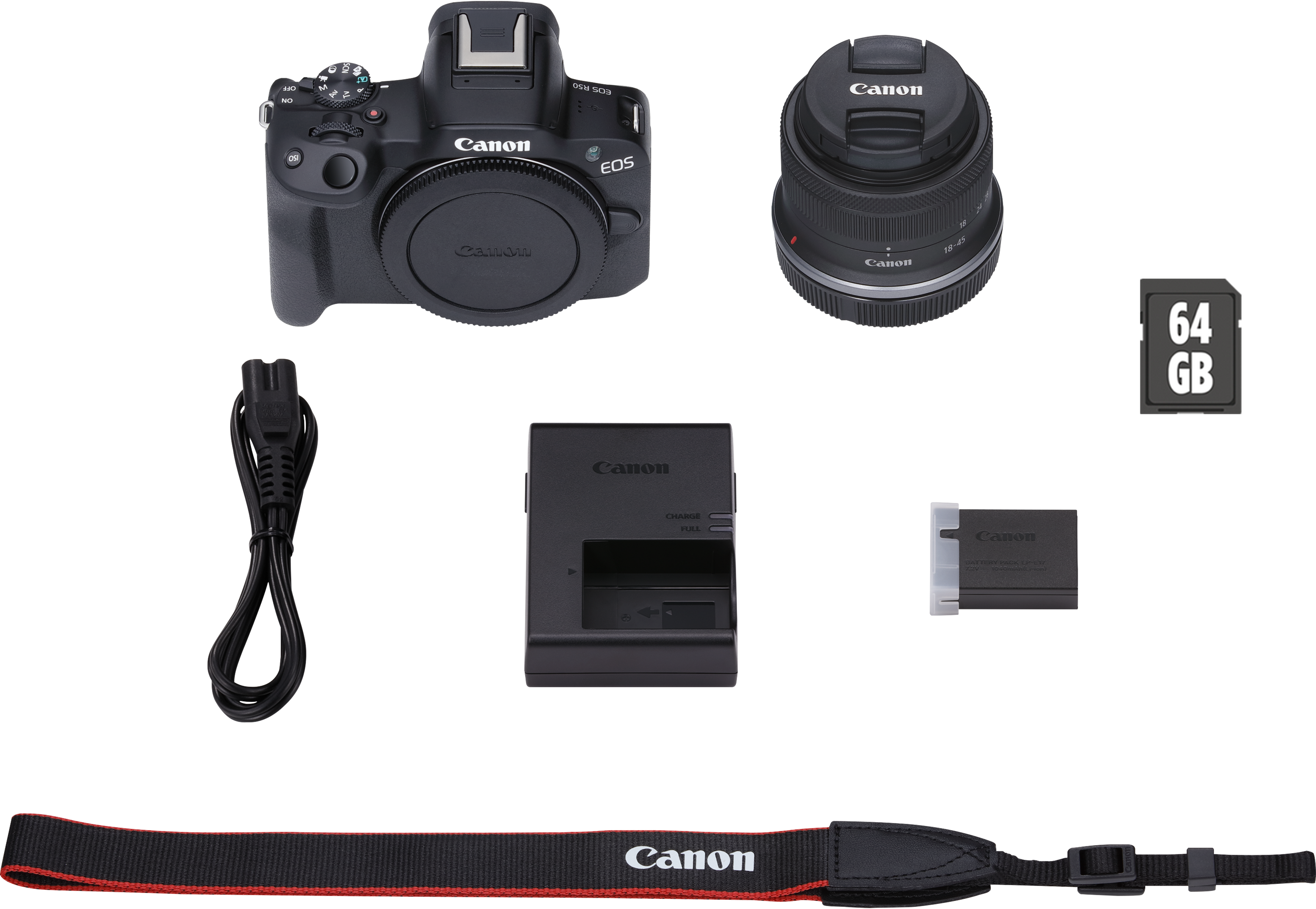 Canon EOS R50 Kamera mit Objektiv, Ladegerät, Akku, SD-Karte und Gurt.