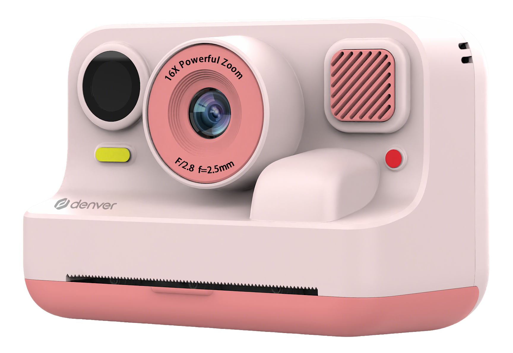 Eine weiße und rosa Digitalkamera mit einem pinken Objektivring und dem Denver-Logo.