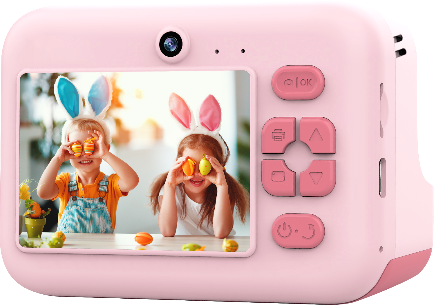Zwei Kinder mit Hasenohren halten bemalte Ostereier vor die Augen auf einem rosa Spielzeugfoto.