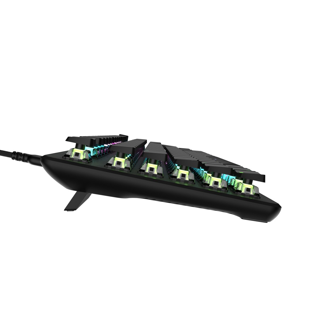 Schwarze Tastatur mit RGB-Beleuchtung, Seitenansicht.