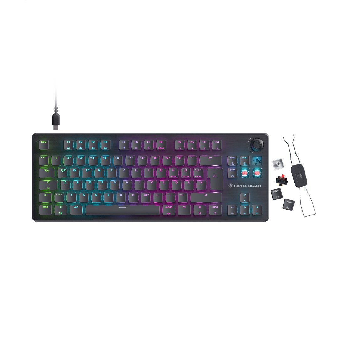 Eine schwarze Tastatur mit RGB-Beleuchtung und einem USB-Kabel.