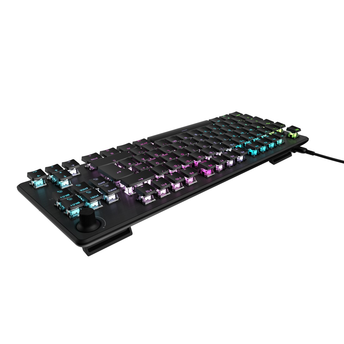 Schwarze Tastatur mit bunter RGB-Hintergrundbeleuchtung und einem Drehregler.