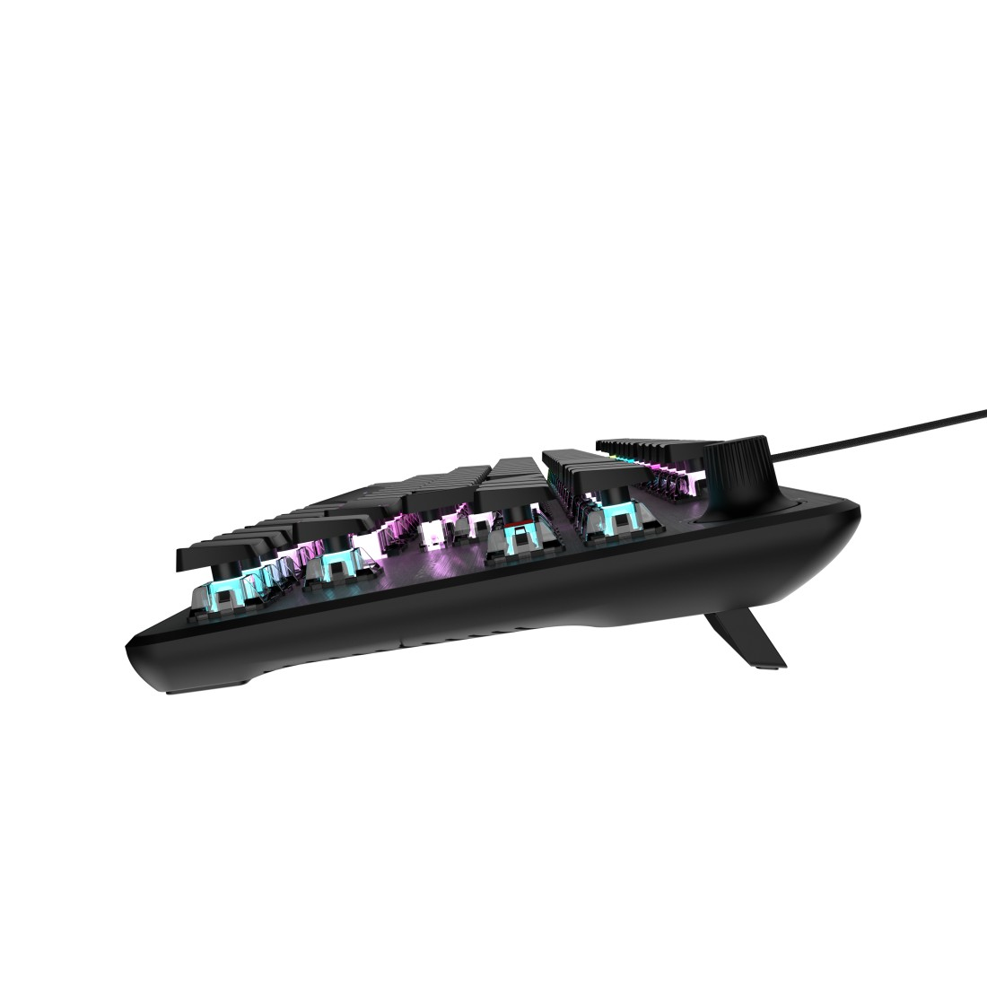 Schwarze Tastatur mit RGB-Beleuchtung und einem Drehregler.