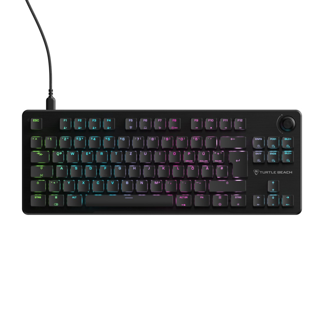 Eine schwarze Gaming-Tastatur mit RGB-Beleuchtung und deutlicher Beschriftung der Tasten.