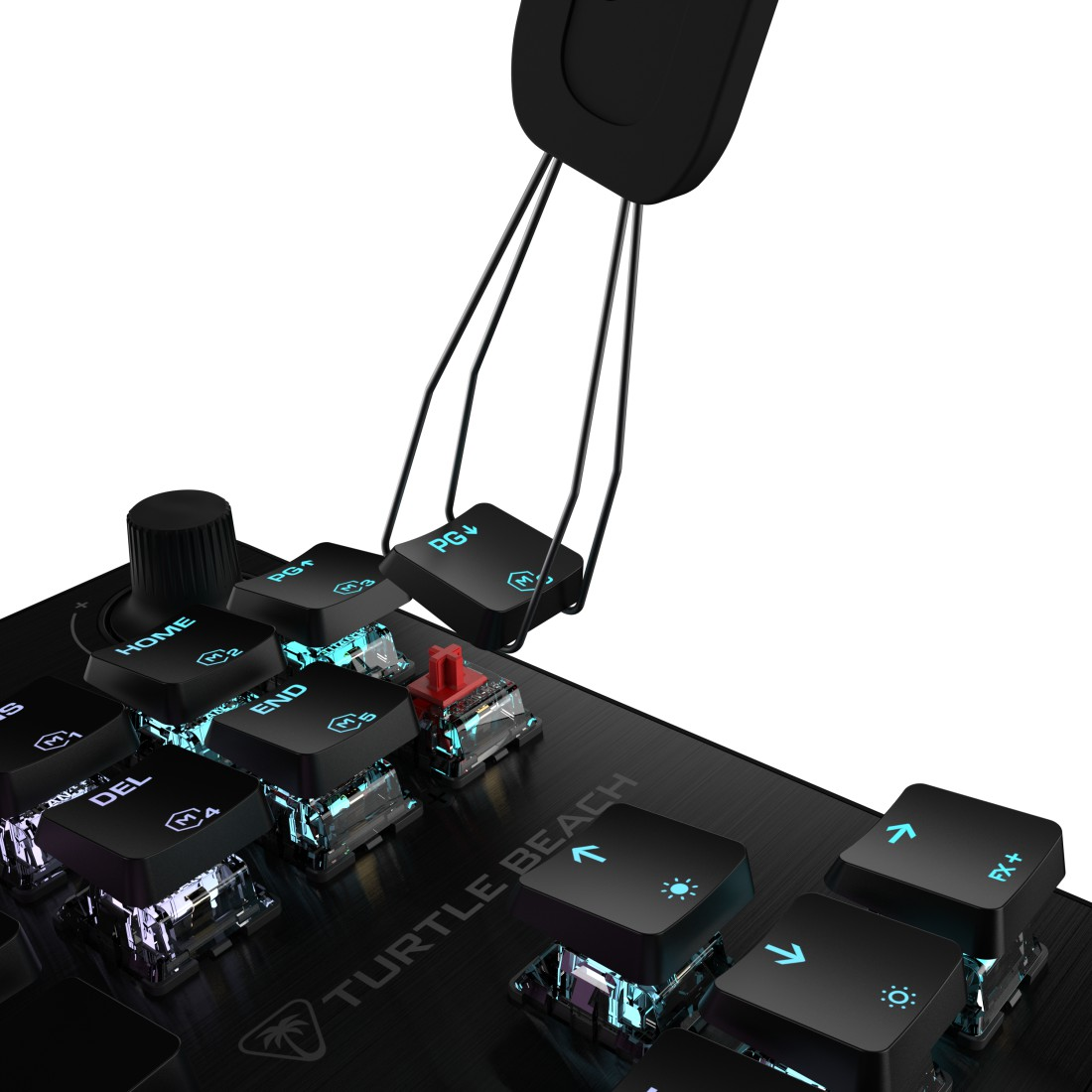 Eine Tastatur, deren Tasten mit einem schwarzen Werkzeug entfernt werden. Nahaufnahme.