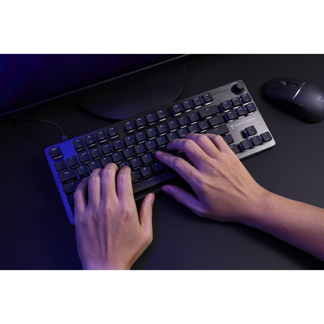 Hände tippen auf einer schwarzen Tastatur mit blauer Hintergrundbeleuchtung. Eine schwarze Maus rechts.
