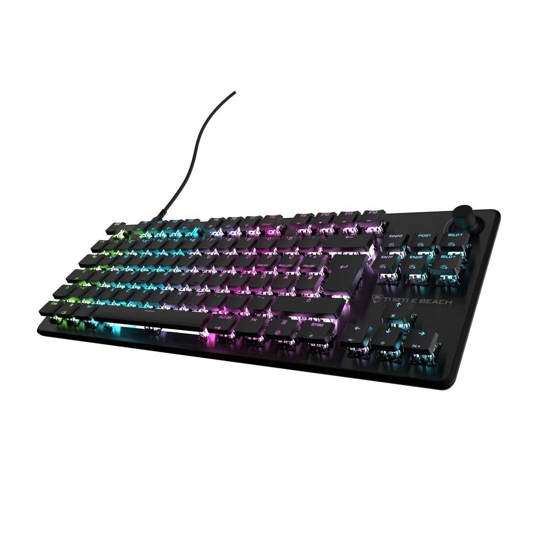 Schwarze Tastatur mit RGB-Beleuchtung und Kabel.