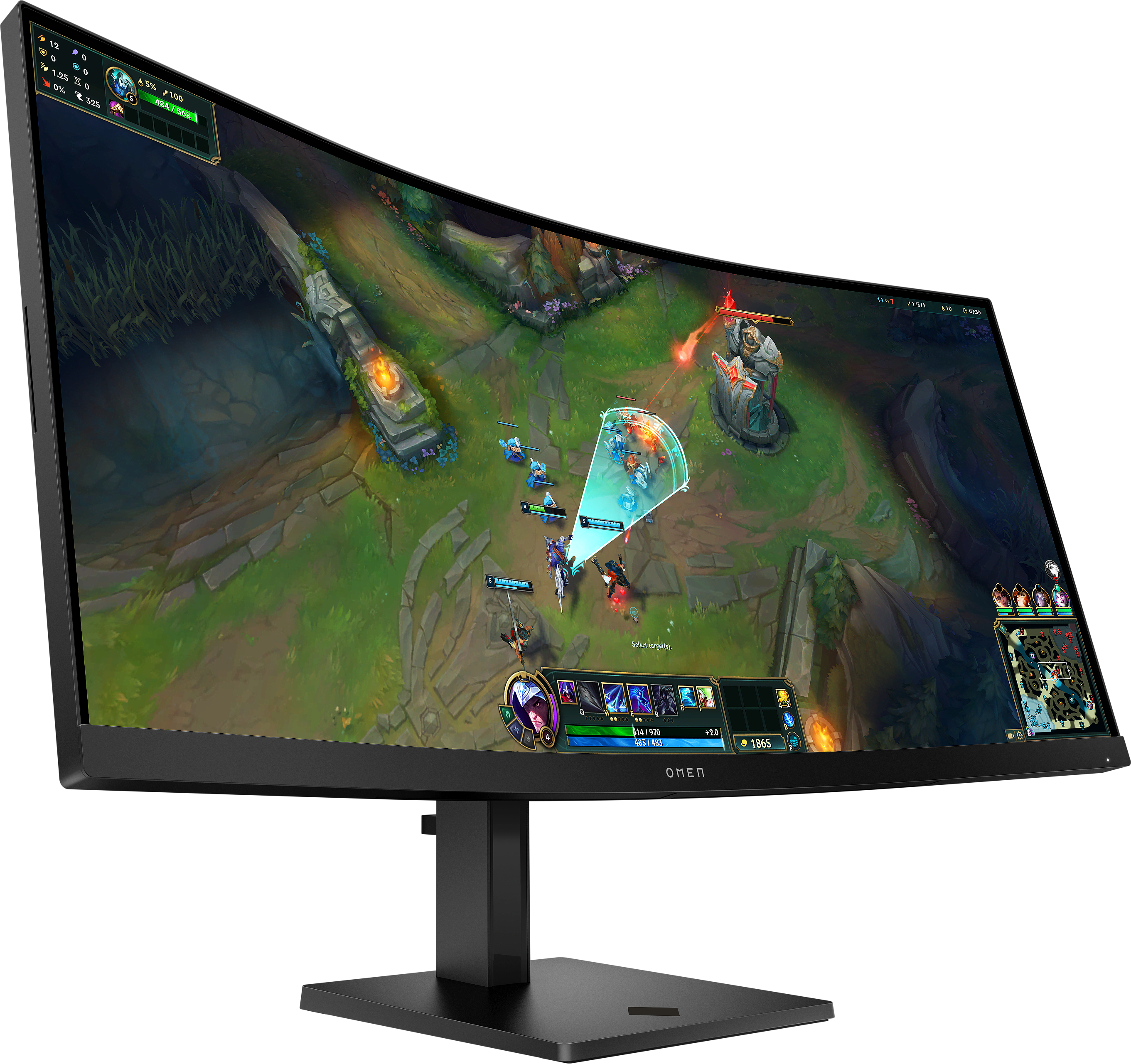 Un moniteur gaming OMEN affiche une scène de jeu League of Legends.