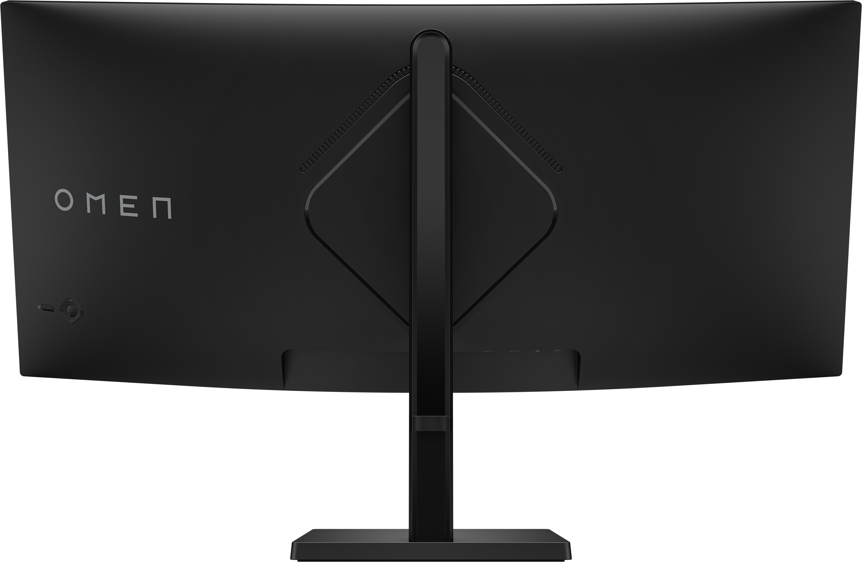 Arrière d'un moniteur noir avec logo OMEN et support.
