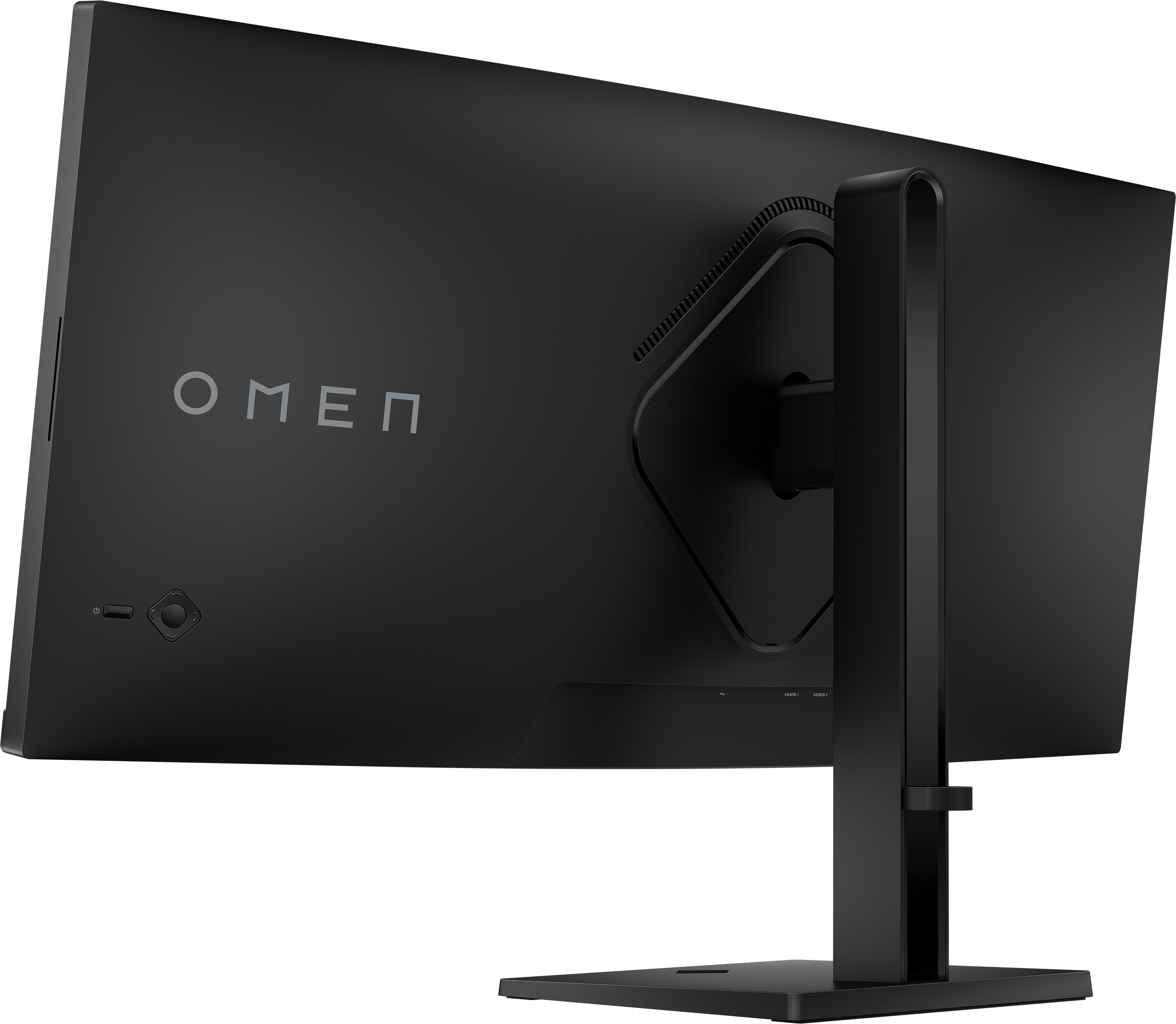 Arrière d'un moniteur noir avec logo OMEN et ports visibles.