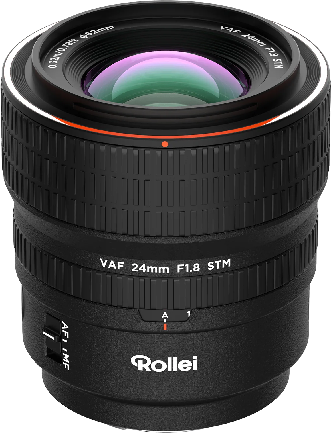 Rollei VAF 24mm F1.8 STM Objektiv mit Fokusring und Schalter.