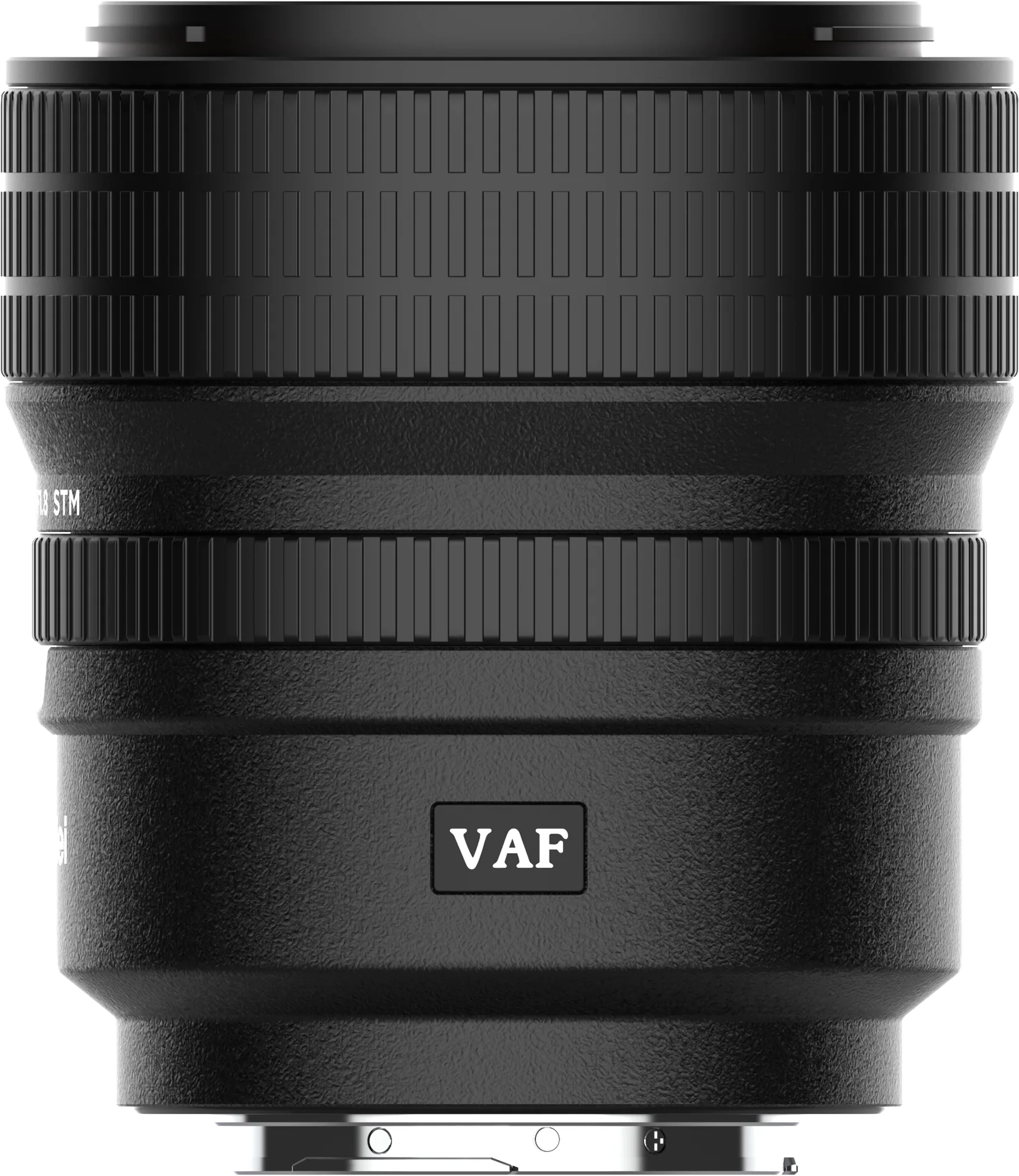 Ein schwarzes Kameraobjektiv mit Fokussierring und VAF-Logo. Nahaufnahme.