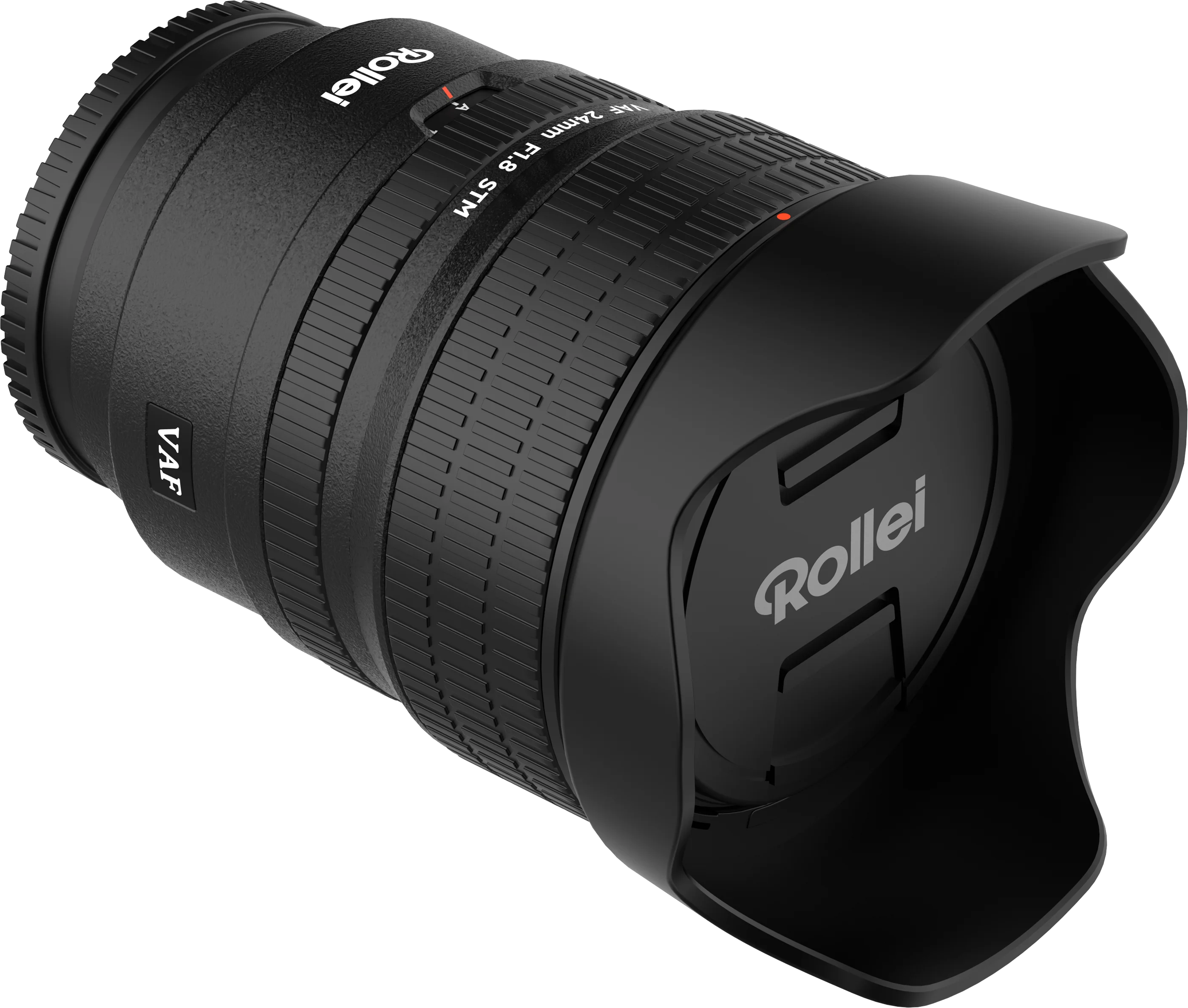 Schwarzes Rollei Objektiv 24mm F1.8 STM mit Sonnenblende und Fokusring.