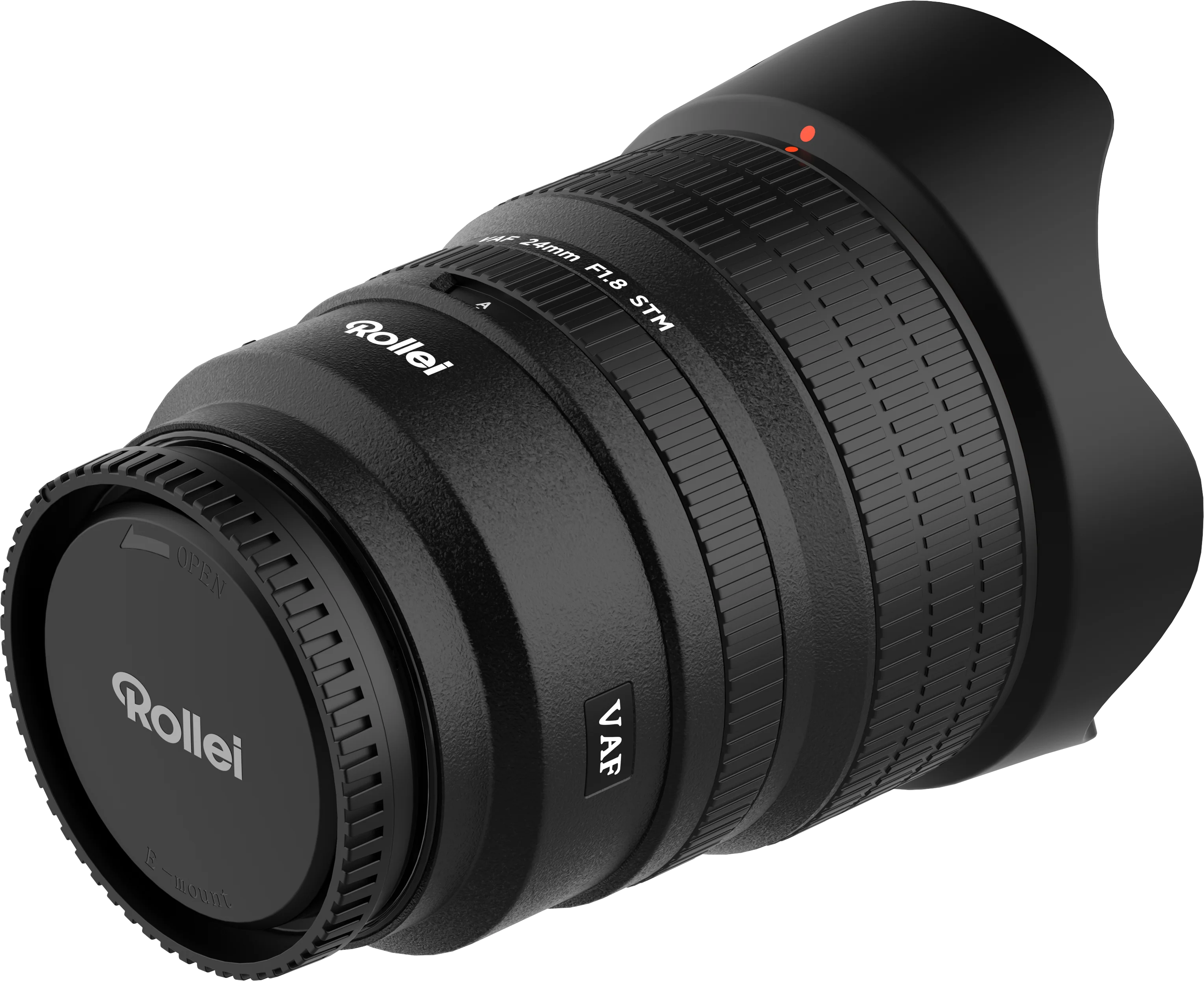 Schwarzes Rollei VAF 24mm F1.8 STM Objektiv mit rotem Punkt und Objektivdeckel.