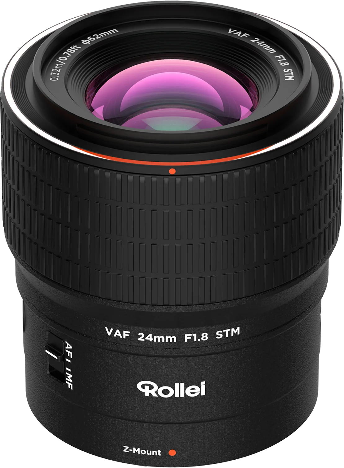 Ein Rollei VAF 24mm F1.8 STM Objektiv mit Fokusring und Markierungen.
