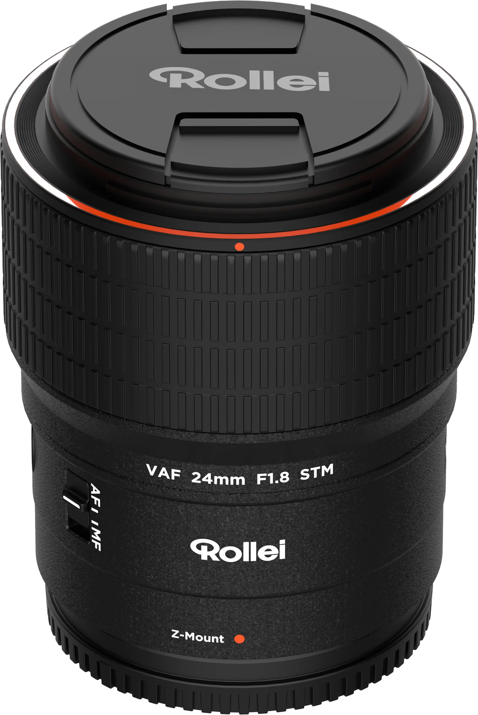 Ein schwarzes Rollei 24mm F1.8 STM Objektiv mit Deckel und roten Akzenten.