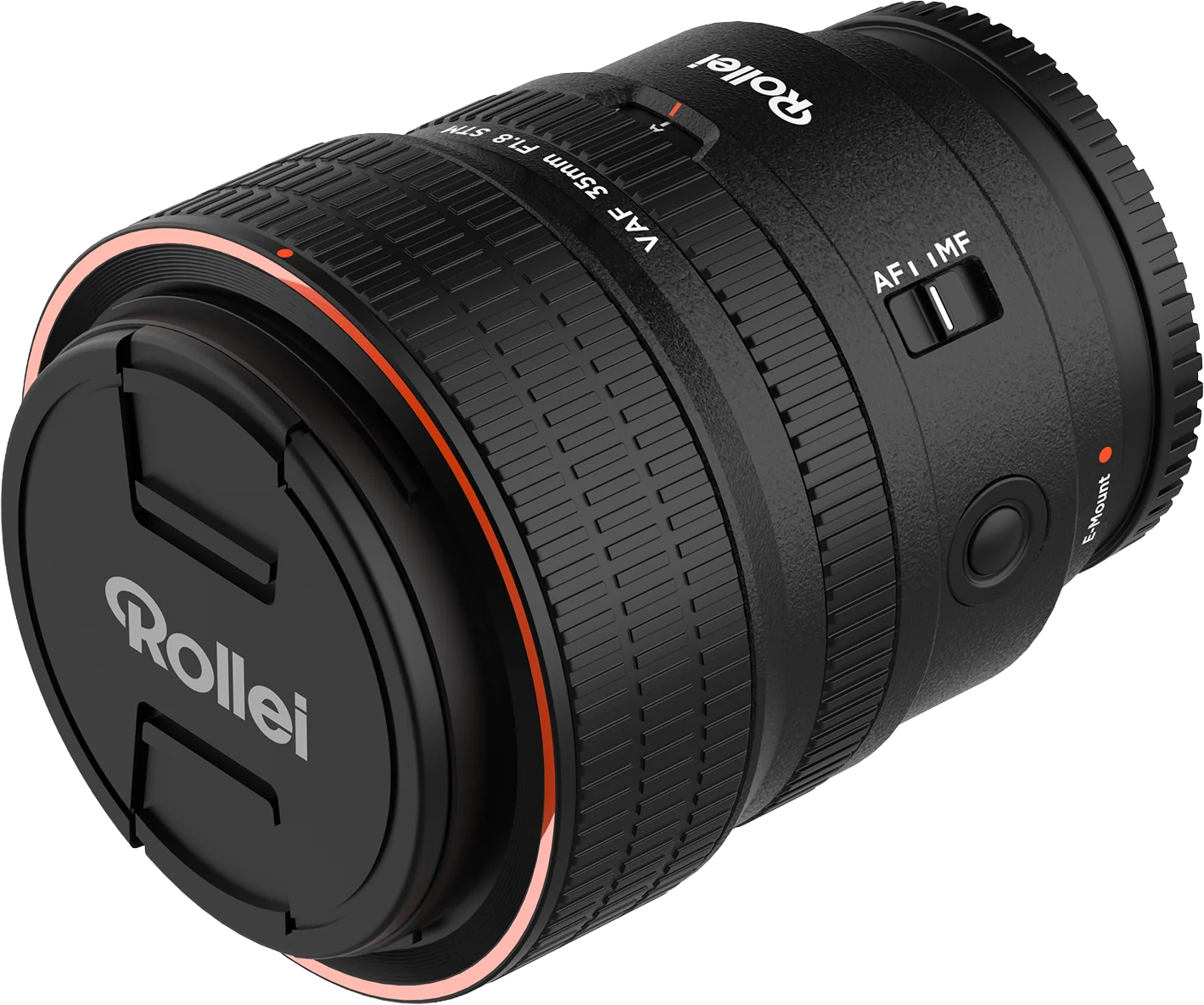 Rollei Objektiv mit Frontlinse und Fokusring. Schwarz mit orangem Akzent.