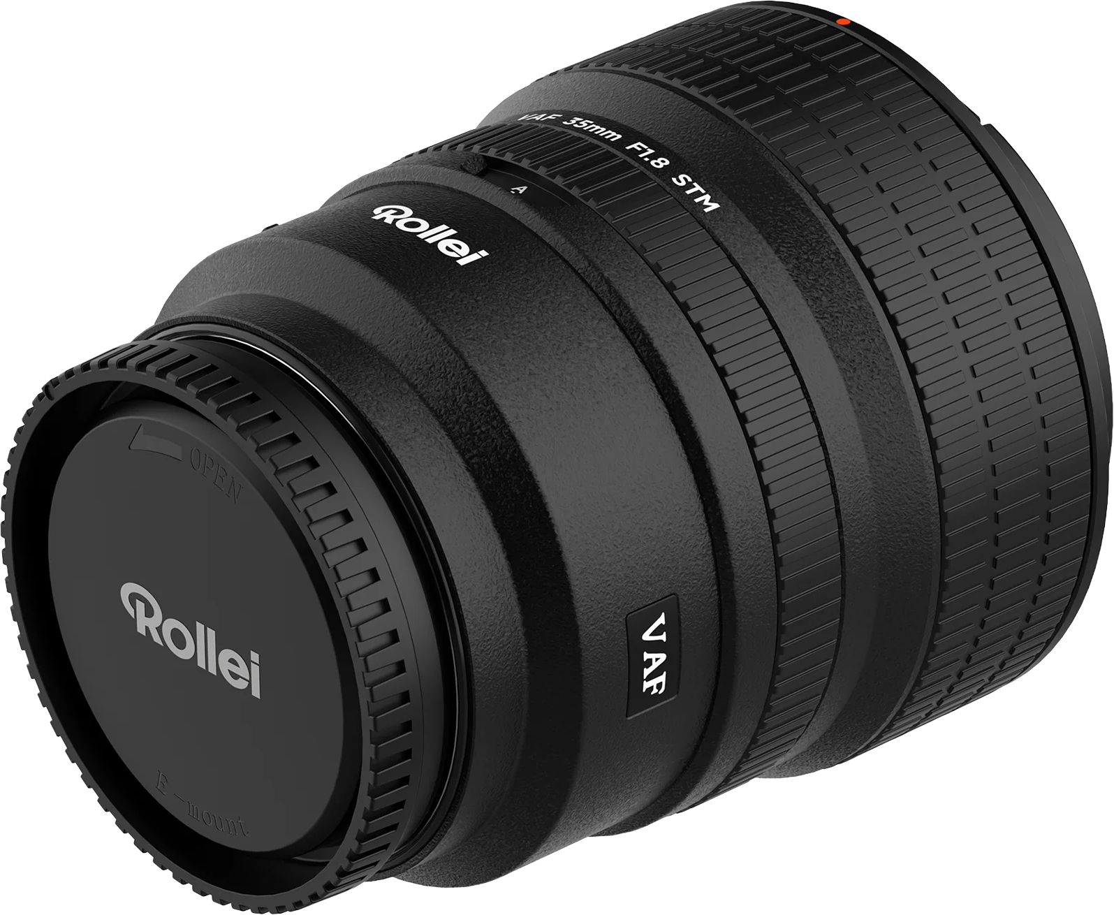 Schwarzes Rollei Objektiv mit 35mm F1.8 STM und E-Mount.