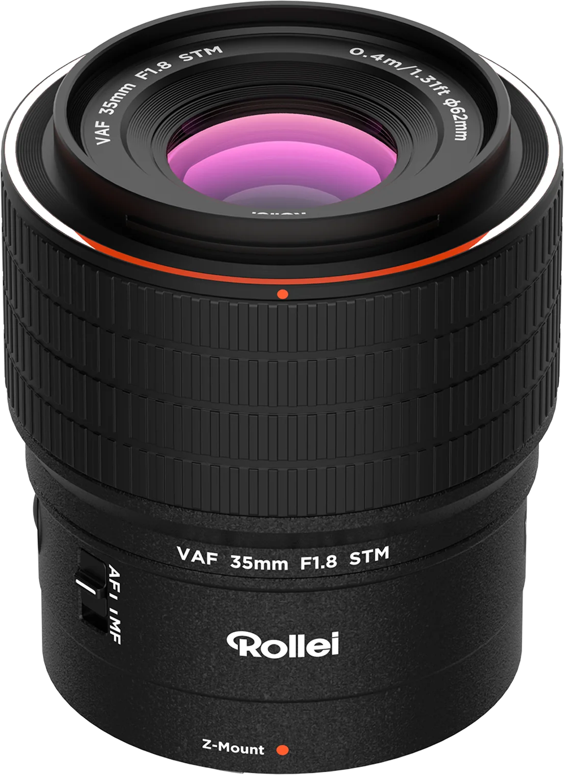 Ein schwarzes Rollei VAF 35mm F1.8 STM Objektiv mit Z-Mount und Fokusring.