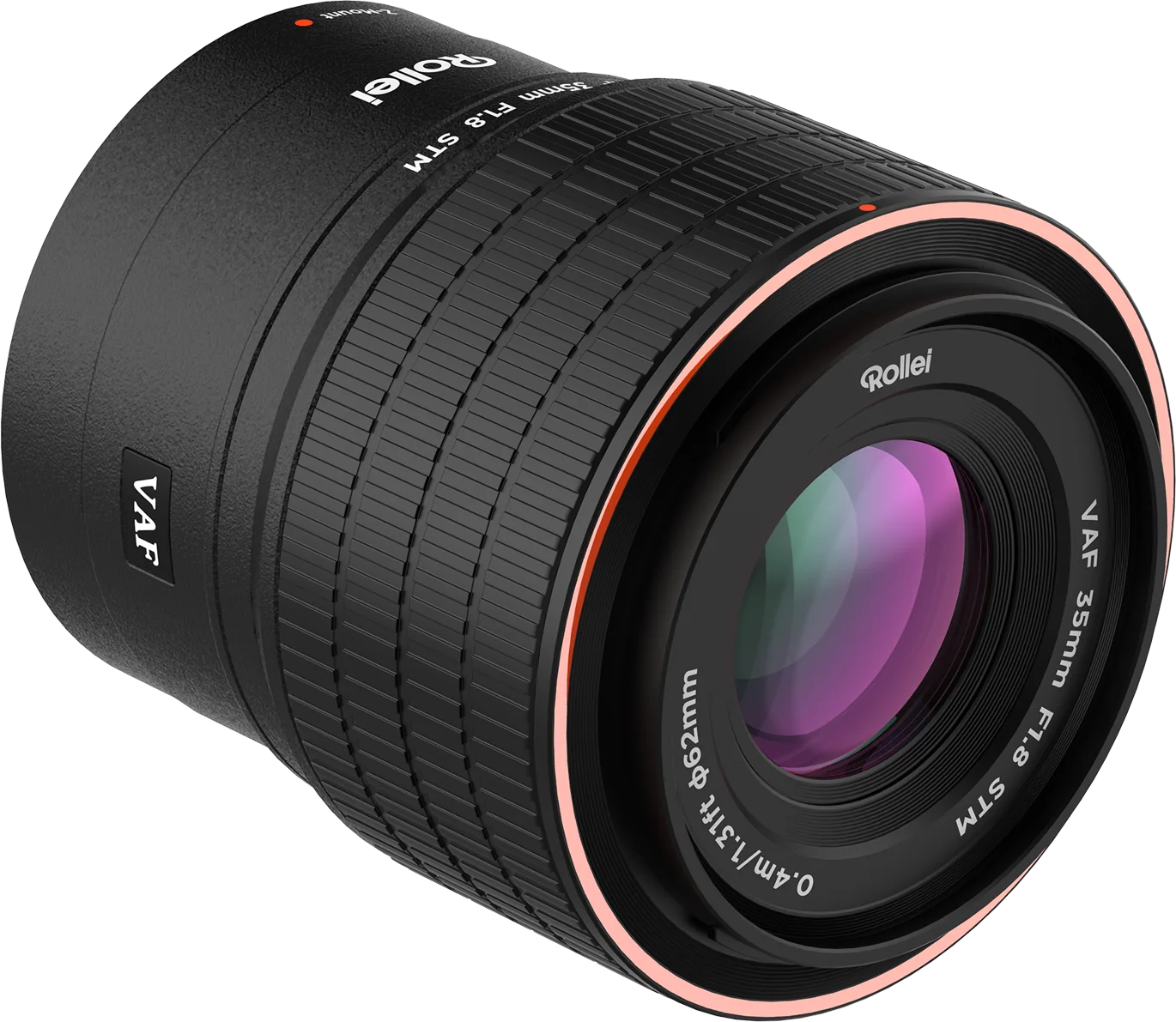 Rollei VAF 35mm F1.8 STM Objektiv mit Orangem Ring und reflektierender Linse.