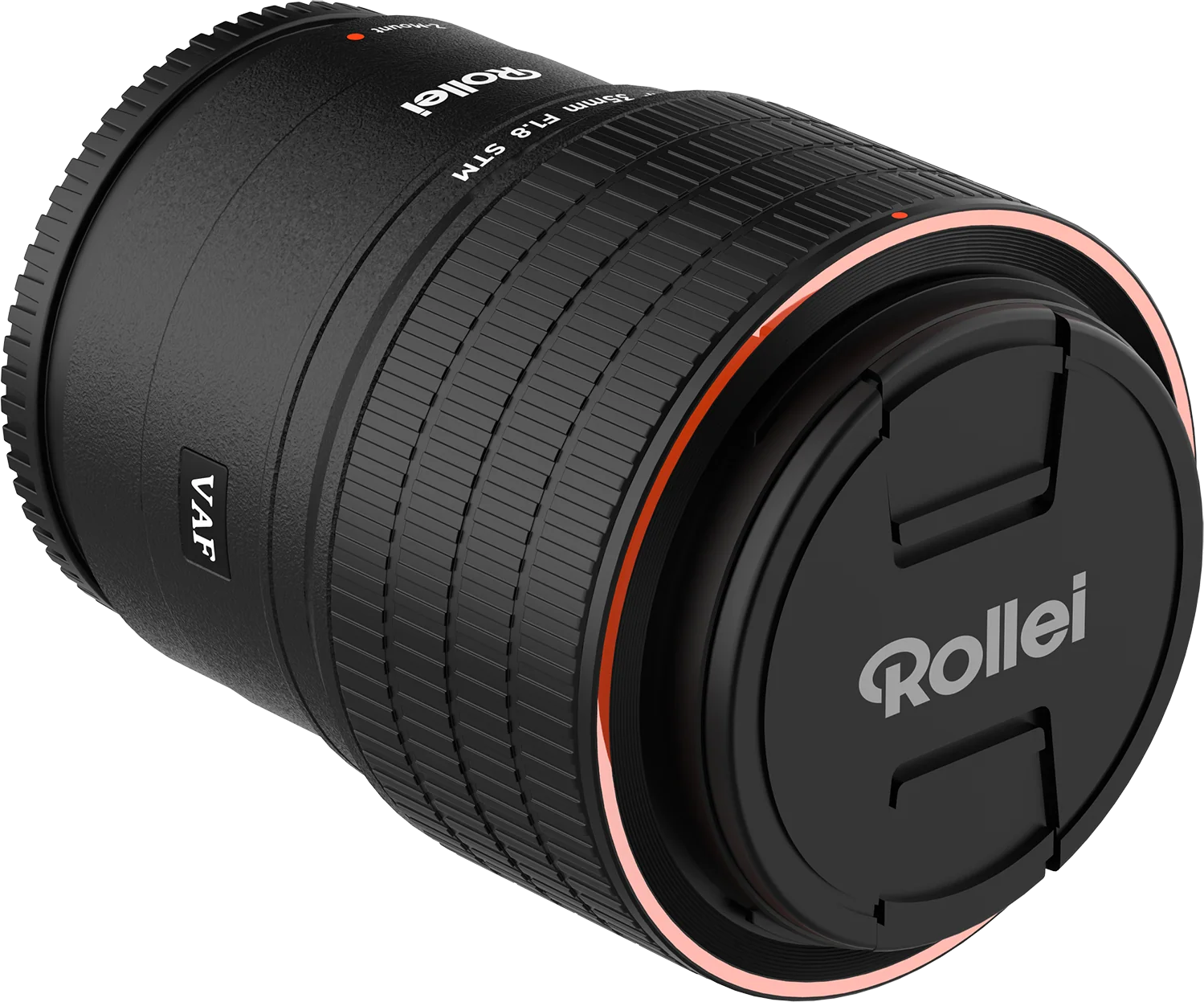 Schwarzes Rollei Objektiv mit Frontlinse und Blende F1.8 STM.