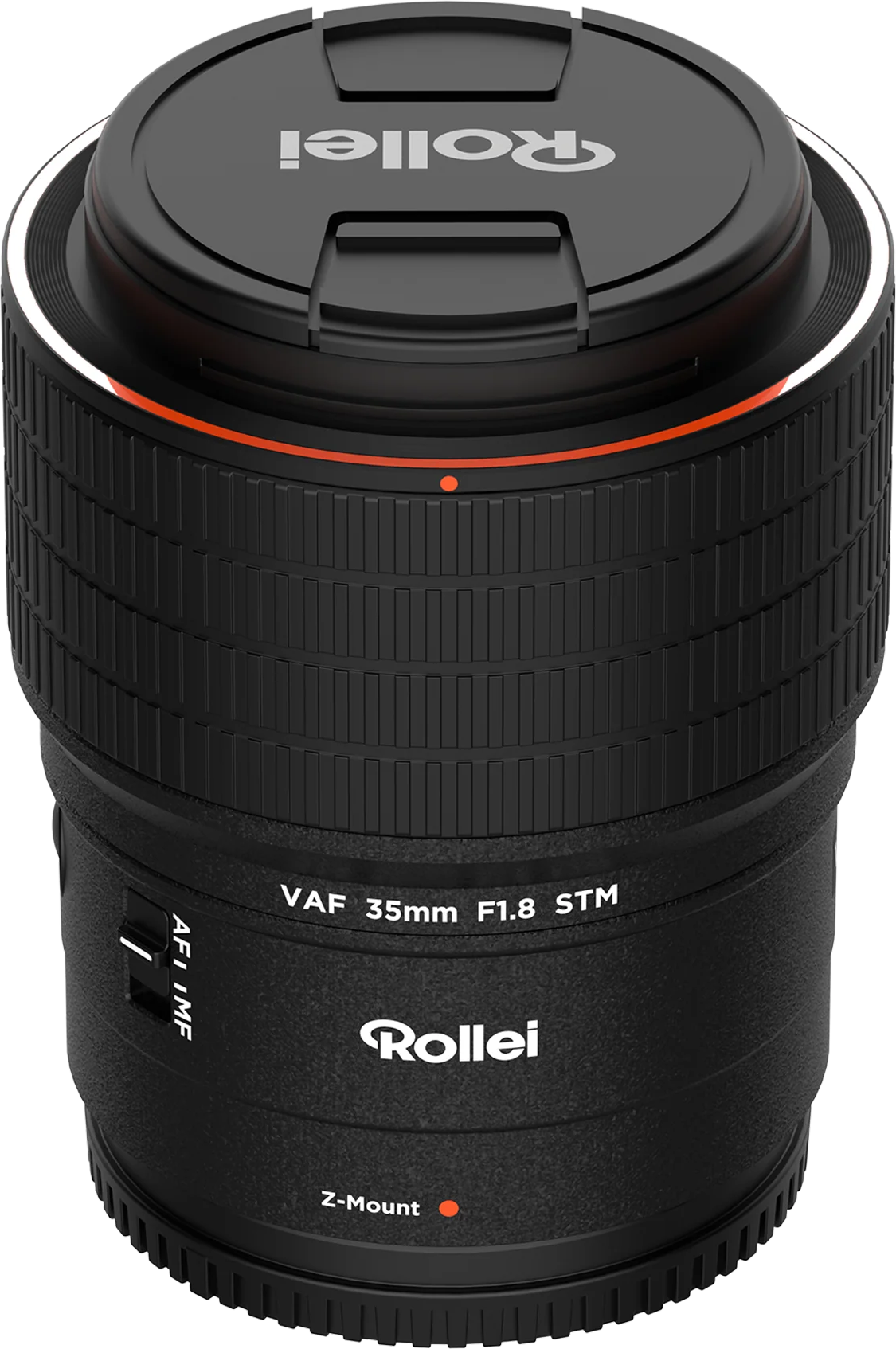 Schwarzes Rollei VAF 35mm F1.8 STM Objektiv mit Z-Mount und Objektivdeckel.