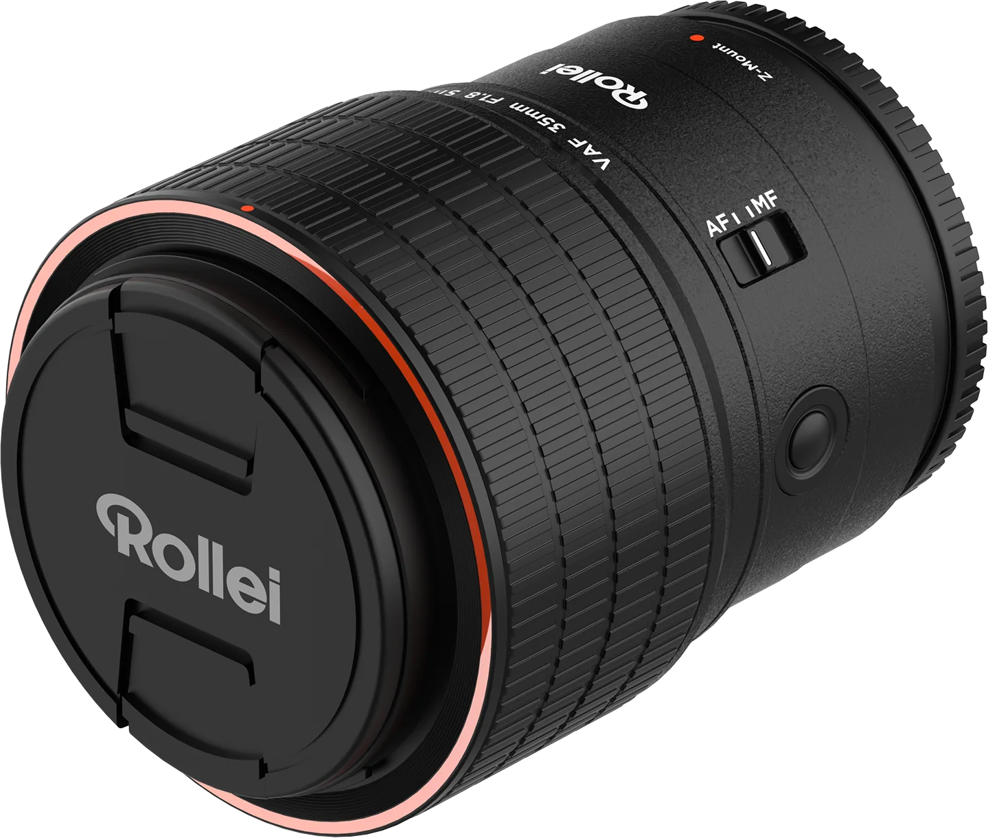 Rollei VAF 35mm F1.8 Objektiv mit Z-Mount, Fokusring und Schutzkappe.