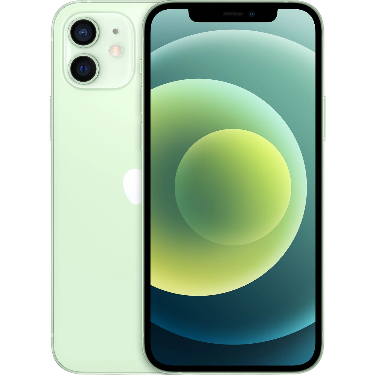 Arkada çift kamerası olan açık yeşil iPhone, renkli bir arka plan üzerinde.