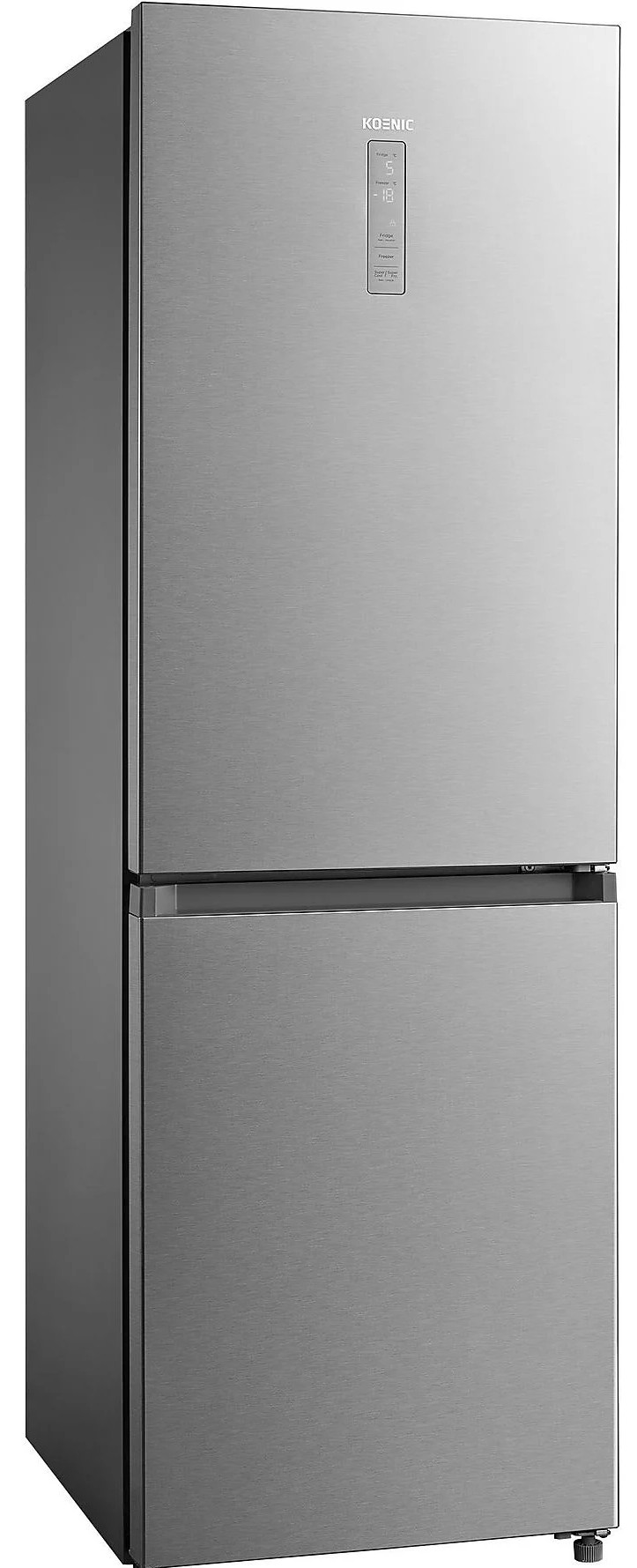 Nowoczesna srebrna lodówka z zamrażarką i cyfrowym wyświetlaczem.