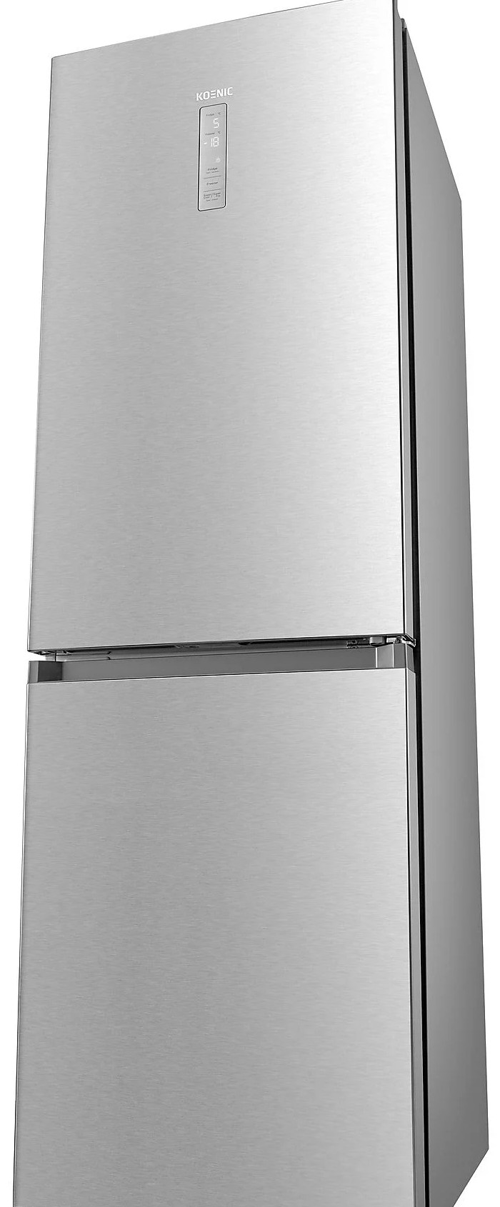 Srebrna lodówka dwudrzwiowa z cyfrowym wyświetlaczem na górnych drzwiach.