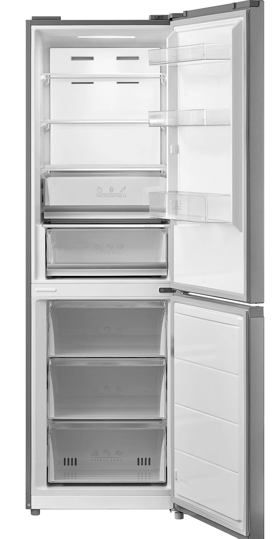 Otwarta lodówka z półkami i szufladami na owoce, warzywa, mięso i mrożonki.