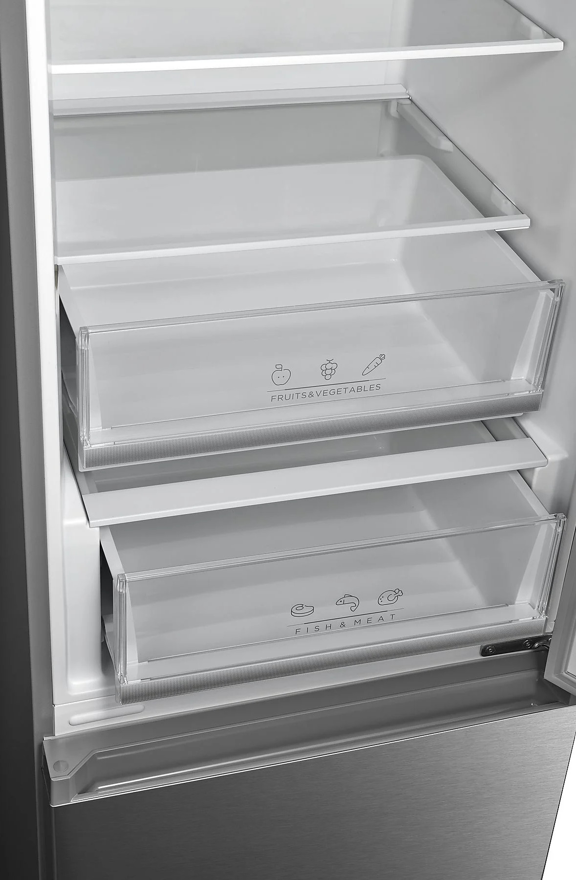 Widok wnętrza lodówki z dwiema szufladami na owoce/warzywa i ryby/mięso.