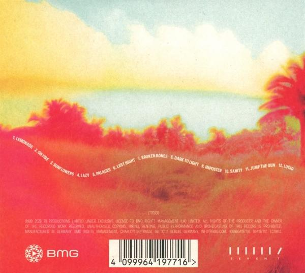 Landschaft mit Palmen und Liedtiteln auf dem Albumcover.