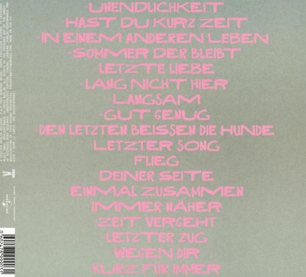 Grauer Hintergrund mit pinker Schrift, Liedtitel-Liste.