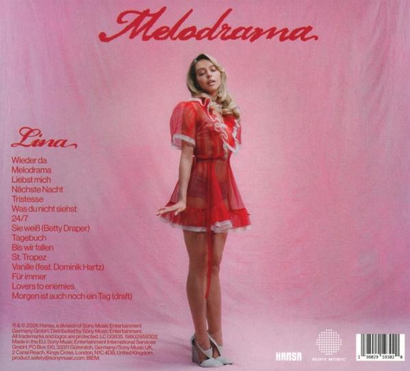 Lina in rotem Kleid vor rosafarbenem Hintergrund mit Albumtitel und Trackliste.