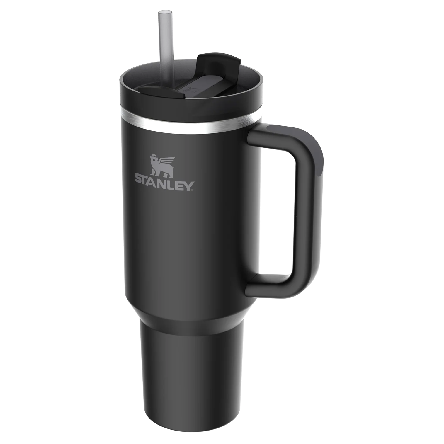 Siyah zeminde pipetli ve kulplu siyah Stanley tumbler.