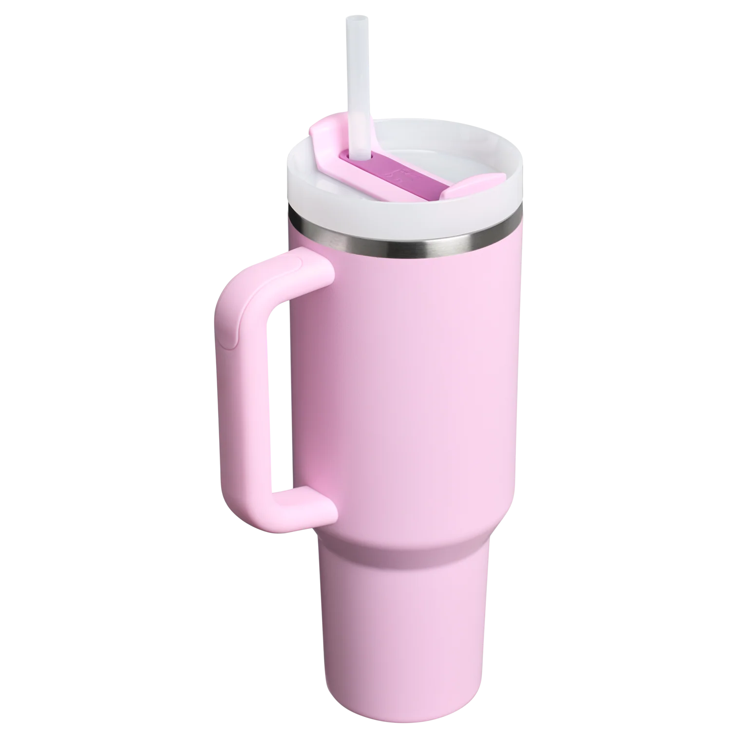 Pembe renkli, beyaz kapaklı, pembe pipet tutuculu ve kulplu termos.
