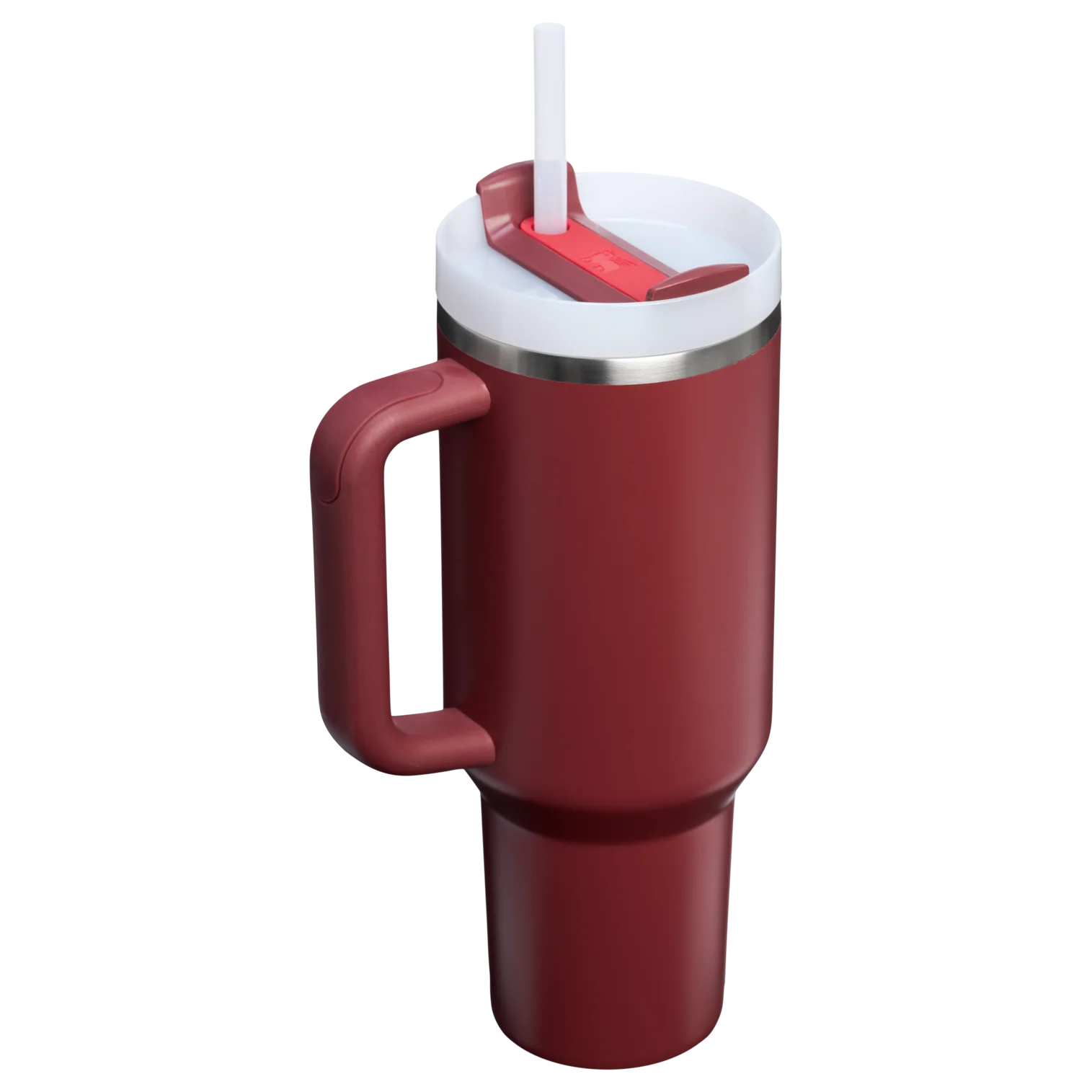 Koyu kırmızı bardak, beyaz kapaklı, kırmızı saplı ve beyaz pipetli.