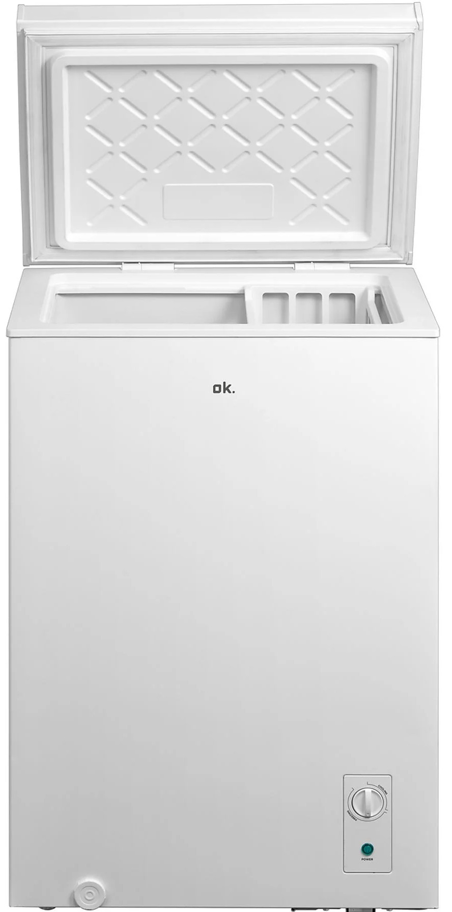 Biała zamrażarka skrzyniowa z otwartą pokrywą i pokrętłem sterowania.