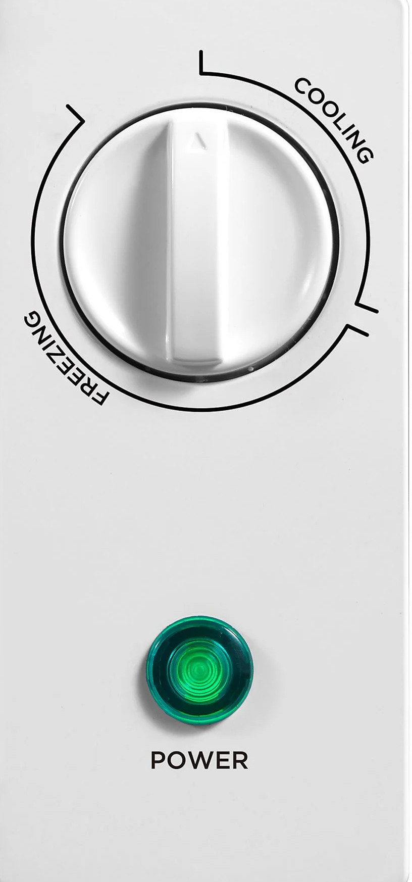 Białe pokrętło z oznaczeniami chłodzenia i zamrażania.