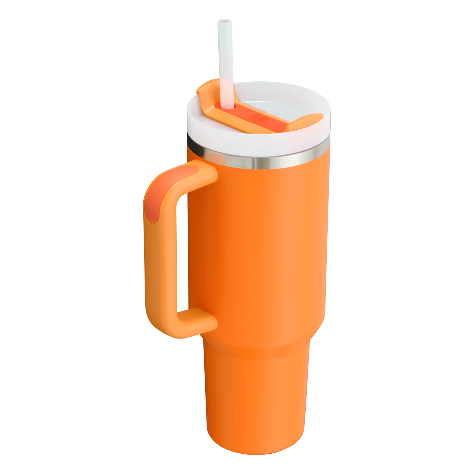 Kulplu, beyaz kapaklı ve pipetli turuncu bardak.
