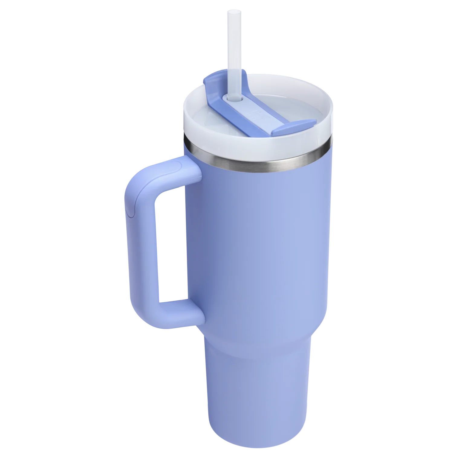 Mavi kapaklı, saplı ve beyaz pipetli açık mor tumbler.