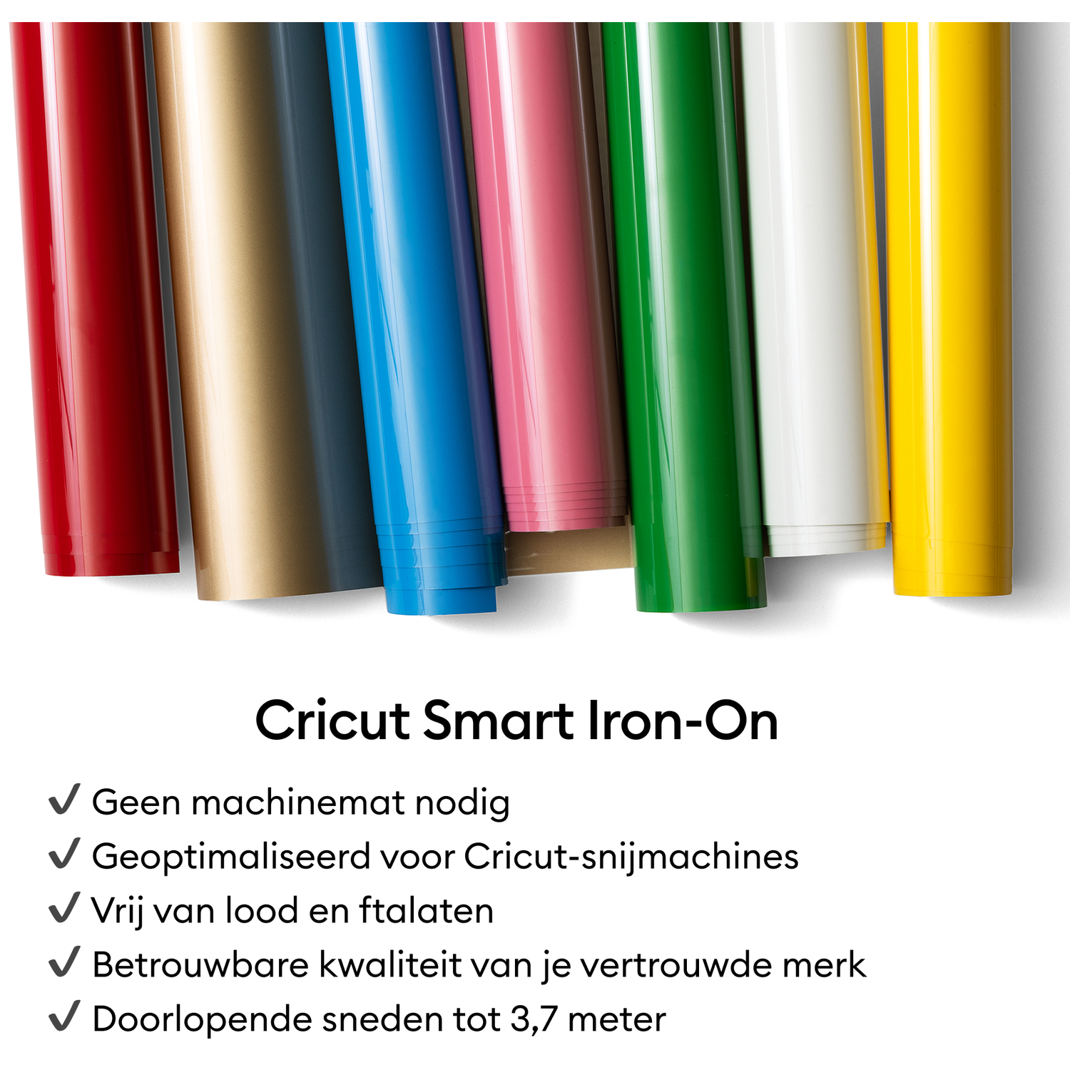 Rolls van Cricut Smart Iron-On in rood, goud, donkerblauw, lichtblauw, roze, bruin, groen, wit, geel.