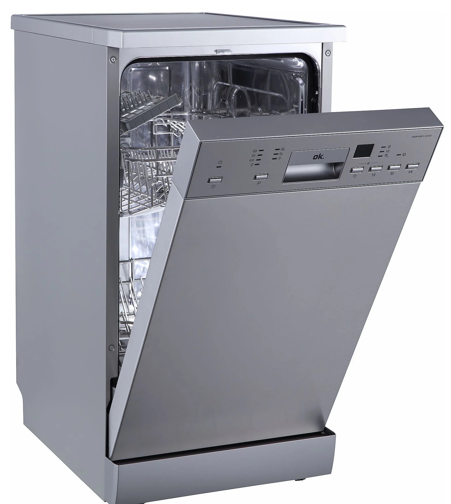 Srebrna zmywarka z otwartymi drzwiami, widok wewnątrz i na zewnątrz.