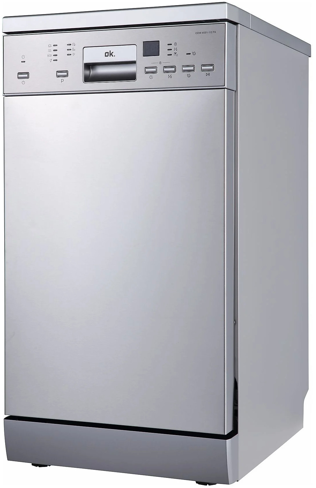 Srebrna zmywarka z panelem sterowania i uchwytem.