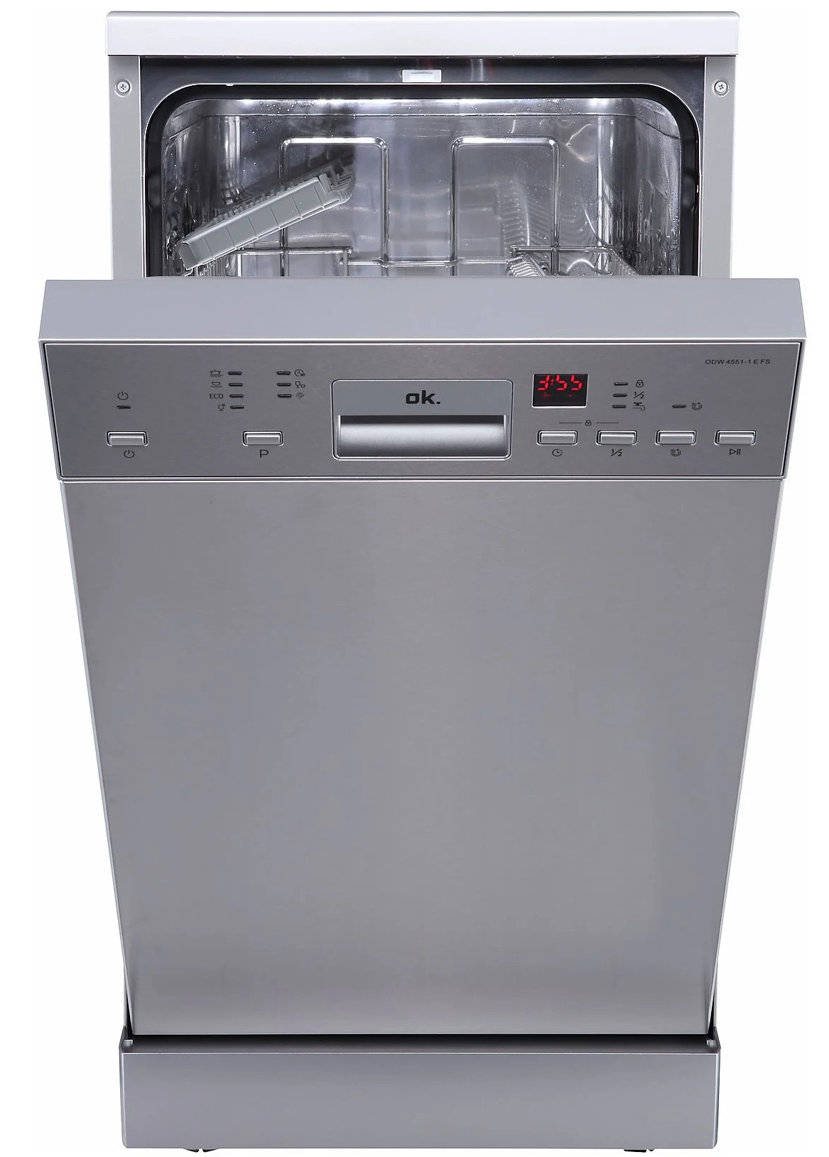 Srebrna zmywarka z otwartymi drzwiami, widok wnętrza z koszami i panelem sterowania z cyfrowym wyświetlaczem.